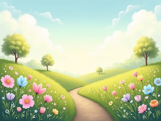 Soft gradient landscape with an assortment of vibrant wildflowers and a winding path leading through rolling green hills. Idyllic cartoon scenery for a fantasy or storybook background