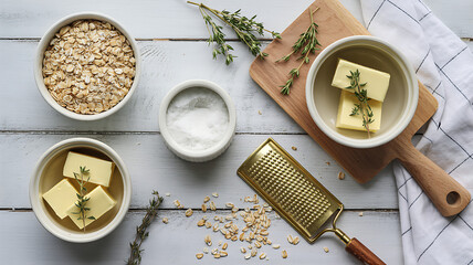 Overhead shot of butter, oats, and salt in bowls on a wooden table, ingredients for cooking