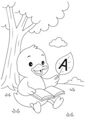 coloring book duck reading an alphabet book under a tree.