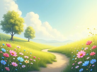 Bright and cheerful landscape illustration featuring a pathway through lush green meadows under a sunny blue sky. A beautiful and peaceful cartoon background for a travel or adventure concept