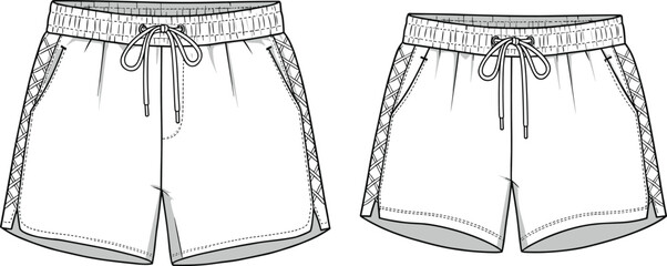 Stylish swim shorts CAD drawing, flat vector fashion illustration, trendy summer beachwear design for apparel manufacturing, detailed garment sketch file