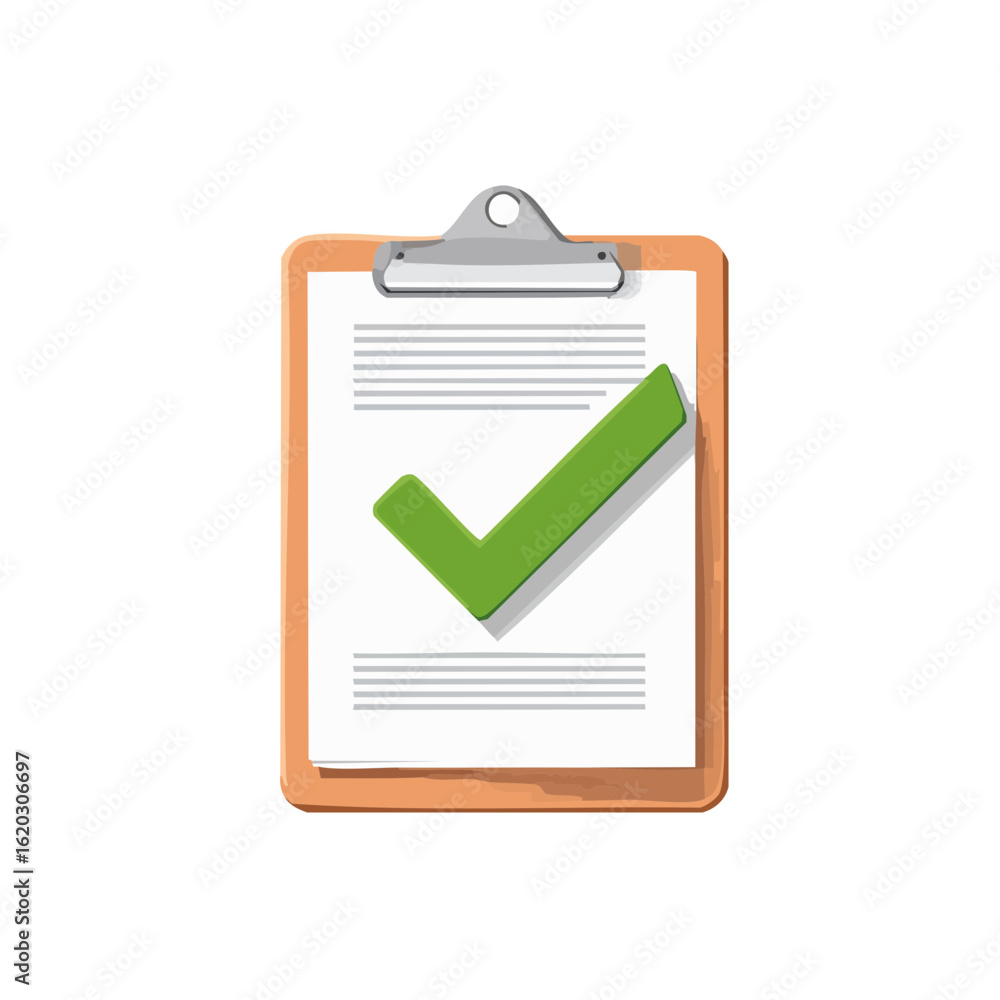 Poster checkmark on clipboard document signifies completion and approval