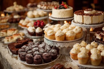 Fototapeta premium Delicious dessert display featuring assorted cakes and cupcakes at a festive gathering