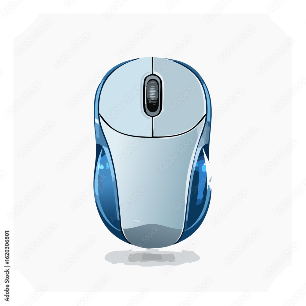 Poster computer mouse in blue transparent casing with white surface for desktop navigation or graphic desig