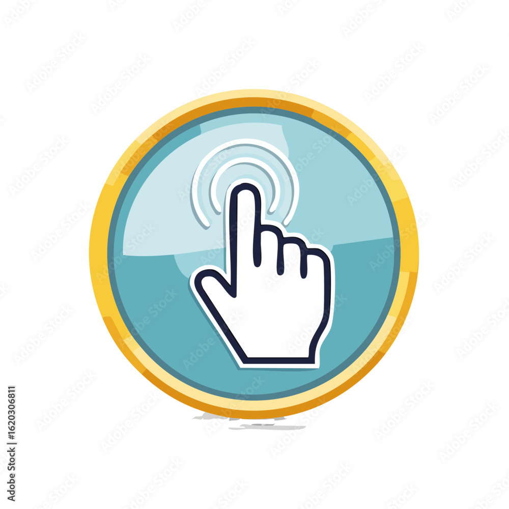 Poster touchscreen button graphic icon with hand and rings symbolizing touch and interaction in blue and go