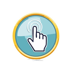 Obraz premium Touchscreen button graphic icon with hand and rings symbolizing touch and interaction in blue and gold.