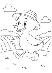 coloring book duck walking through a field in a sun hat.