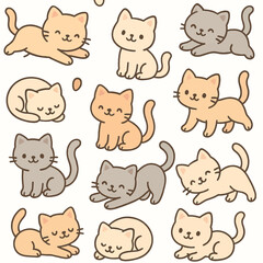 Adorable cartoon cats in various playful and resting poses on a white background.