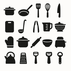 Collection of black silhouette kitchen utensils and cooking appliances icons on white background.