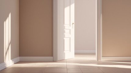 Minimalist indoor scene with an open white door and soft sunlight