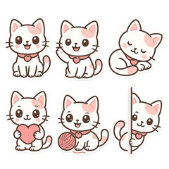 Fototapeta premium A collection of six adorable cartoon white cat stickers with pink accents in various cute poses.
