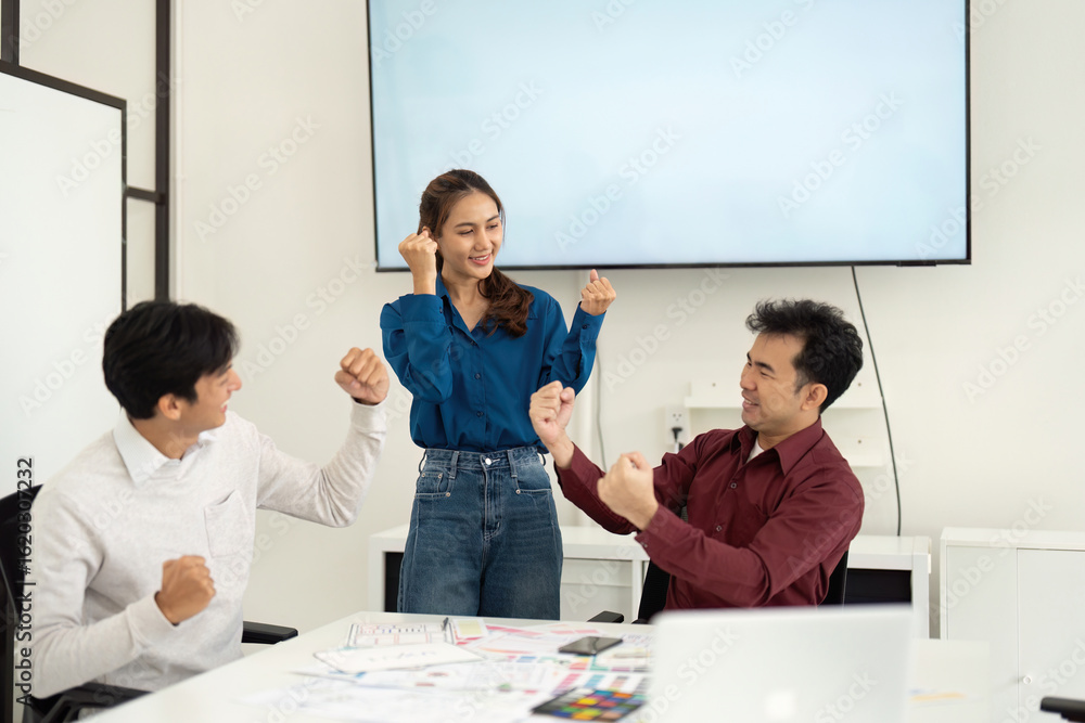 Poster ux and ui designers engaging in collaborative discussion in creative workspace