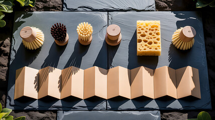 Ecofriendly kitchen cleaning tools including brushes, sponges, and cardboard on a slate surface