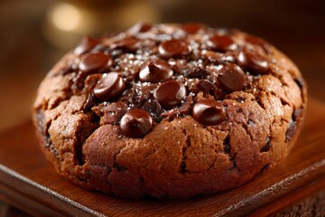 Fototapeta premium Freshly baked chocolate chip cookie with a gooey texture sitting on a wooden board in a cozy kitchen setting