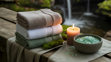Spa and wellness arrangement with towels, candle, and bath salt near a waterfall in a zen garden