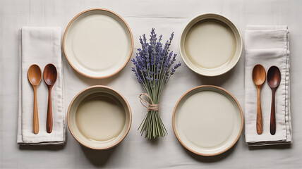 Overhead shot of a rustic table setting with lavender, bowls, spoons, and napkins on white surface