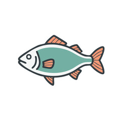 Fototapeta premium Stylized Teal Fish Illustration Single Swimming Fish with Orange Fins and Tail Icon Seafood Concept Isolated
