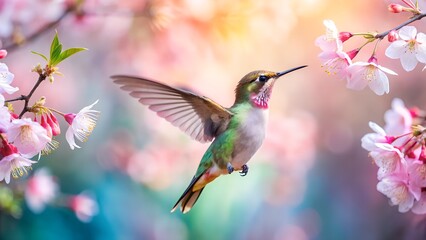 Fototapeta premium Hummingbird flying near cherry blossoms in the spring garden
