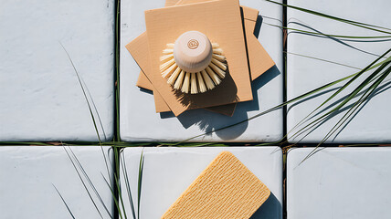 Ecofriendly cleaning brush and sponge on blue tiles with grass, overhead shot, minimal design