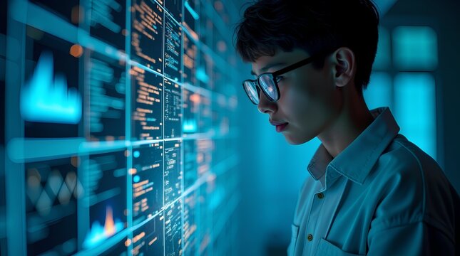 A young Asian data analyst studies complex machine learning algorithms on a glowing futuristic screen, monitoring artificial intelligence systems