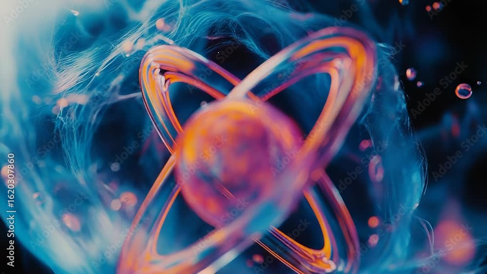 Poster atomic model rotating and glowing in colorful abstract universe