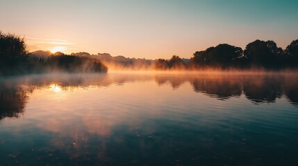 Obraz premium Serene Sunrise Over Calm River with Misty Atmosphere and Silhouetted Trees