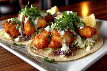 Crispy fish tacos served with fresh toppings and lemon wedges at a local restaurant during lunch time