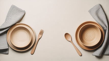 Rustic wooden tableware setting with plates, bowls, cutlery, and linen napkins on beige table