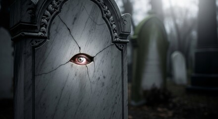 A marble gravestone with a realistic human eye embedded in its surface, set in a foggy cemetery, creating a surreal and eerie atmosphere of being watched from beyond the grave.