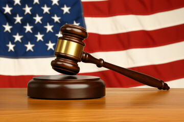 Wooden gavel resting on sound block with United States flag in the background, representing American justice and legal system
