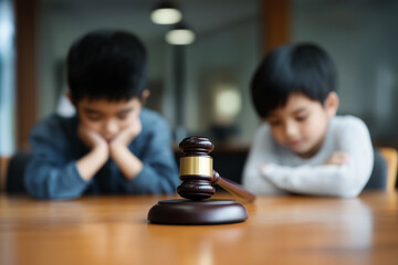 Custody battle, gavel on a wooden table with two sad children in the background waiting for judge decision