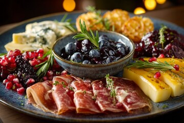 Gourmet charcuterie board featuring assorted cheeses, fruits, and cured meats during a festive gathering