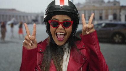 Woman joyfully posing with peace sign in saint peter's square, wearing red jacket and sunglasses, capturing lively atmosphere around the vatican with her helmeted style.