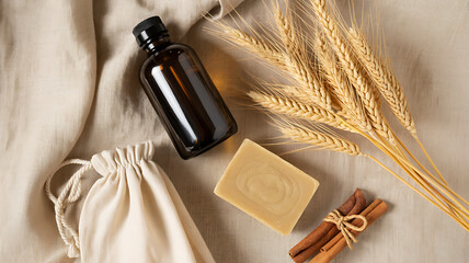 Natural skincare products soap, oil, and spices on linen fabric in a still life arrangement