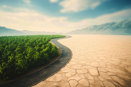 Winding road separates a lush green forest from a dry, cracked desert landscape, illustrating the stark contrast between two ecosystems