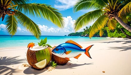 Tropical beach scene with coconut cocktails and fish, embodying exotic vacation dreams