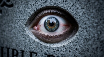 A marble gravestone with a realistic human eye embedded in its surface, set in a foggy cemetery, creating a surreal and eerie atmosphere of being watched from beyond the grave.