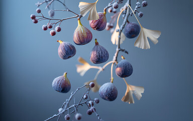 Close up of figs and ginkgo leaves covered in frost on a blue background in winter