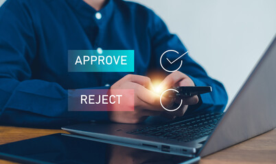Approved, accept, pass inspection, Businessman writing or tick correct mark to approve document and project concept.