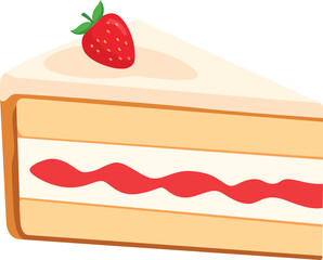 Flat strawberry cream cake slice with topper on transparent background