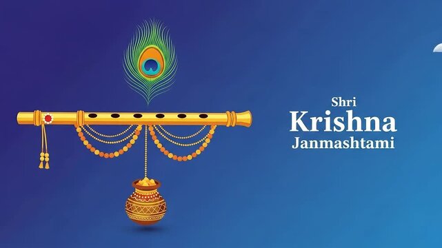 Happy Krishna Janmashtami festival greeting card illustration with a golden bansuri flute, peacock feather, and matki on a blue background. Vector.