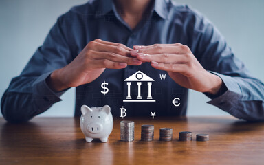 Business touch on bank and international trading currency, dollar yuan yen euro and pound sterling sign.   world economy money, transfer.Global currency exchange concept.