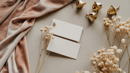 Two blank cards are displayed with dried flowers and golden bells on a beige velvet fabric background
