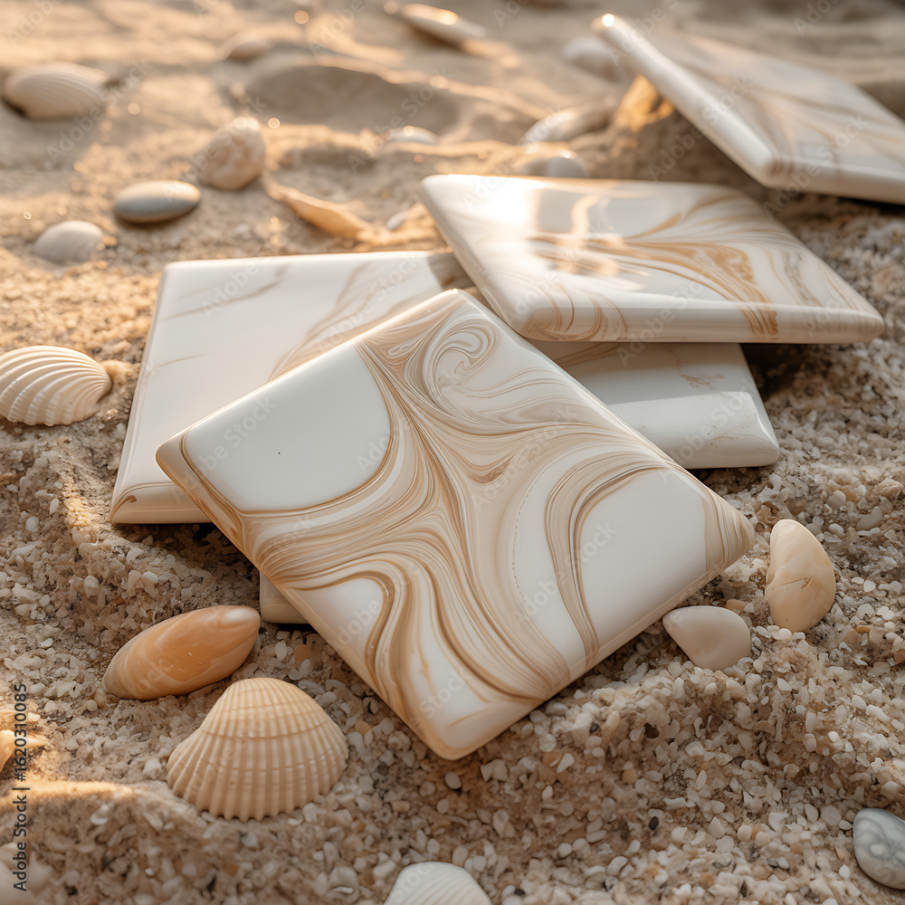 Poster square marble patterned tiles arranged on a sandy beach with seashells creating a decorative summer 