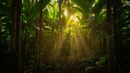 Sunlit Tropical Rainforest Path: Lush Greenery, Mystical Atmosphere, Golden Hour Light