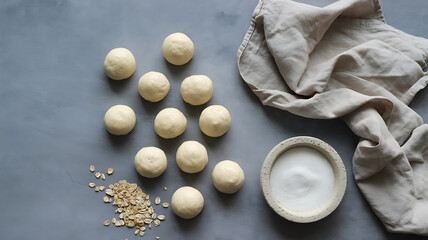 Overhead shot of homemade oat truffles with sugar and oats scattered on a gray table, next to a linen cloth
