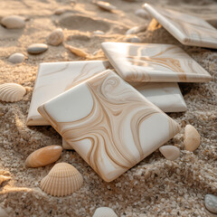 Square marble patterned tiles arranged on a sandy beach with seashells creating a decorative summer scene