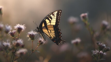 Obraz premium A black and yellow butterfly pollinating a wildflower, surrounded by soft morning light.