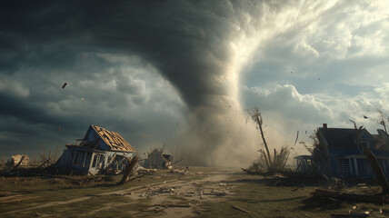 Potężne tornado przetacza się przez teren, niszcząc domy i pozostawiając spustoszenie. Scena ukazuje siłę natury i dramatyczne skutki katastrofy pogodowej.