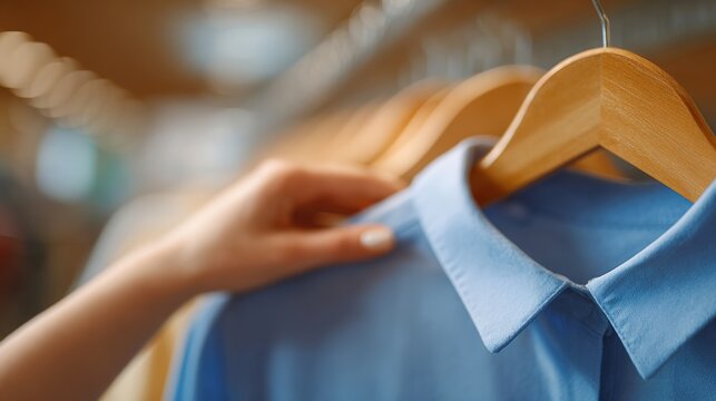 Clothing Selection in Store: Close-up shot of a woman's hand gently touching a pale blue shirt hanging on a wooden hanger. - Powered by Adobe